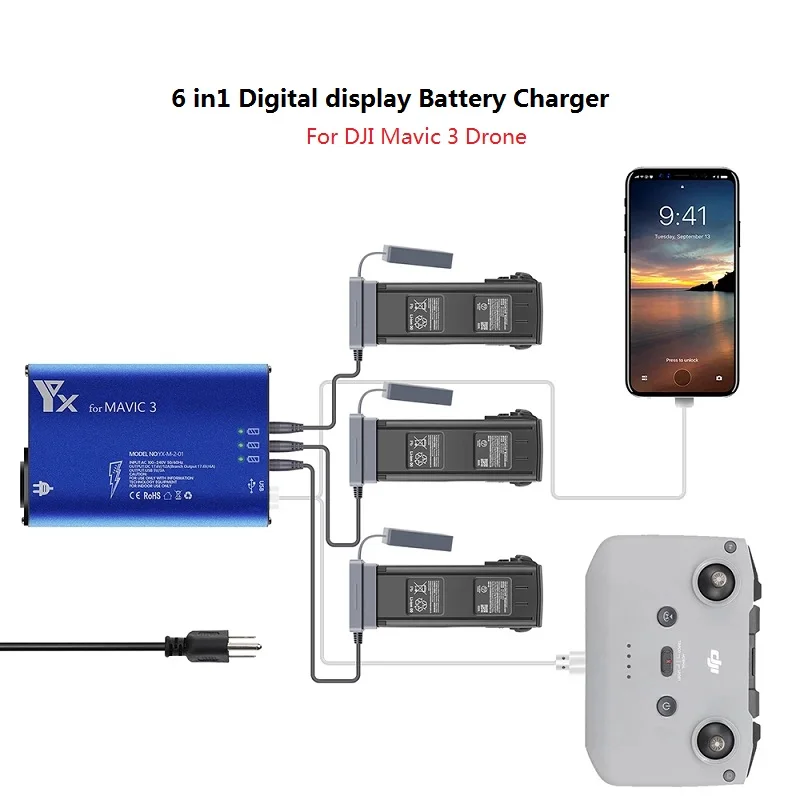 

6 in1 Digital display Battery Charger for Mavic 3 Drone Battery Charging Hub Fast Smart Battery Charger with EU/USAU adapter