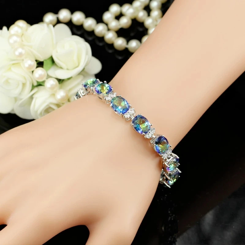 Pera Fashion Women Evening Party Jewelry Natural Light Blue Oval Rainbow Mystic Crystal Stones Bracelets for Birthday Gift B087