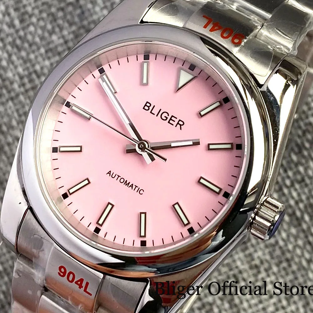 BLIGER NH35A PT5000 36mm/39mm Automatic Men Watch Glass Back Slide Lock Candy Pink/Orange/Black Dial Polished Steel bracelet