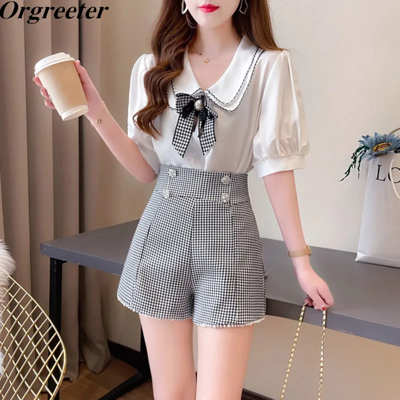 

High quality Preppy Style 2 piece set Women Double collar Lantern sleeve Pearl Bowknot Chiffon Shirt and Houndstooth Shorts Sets