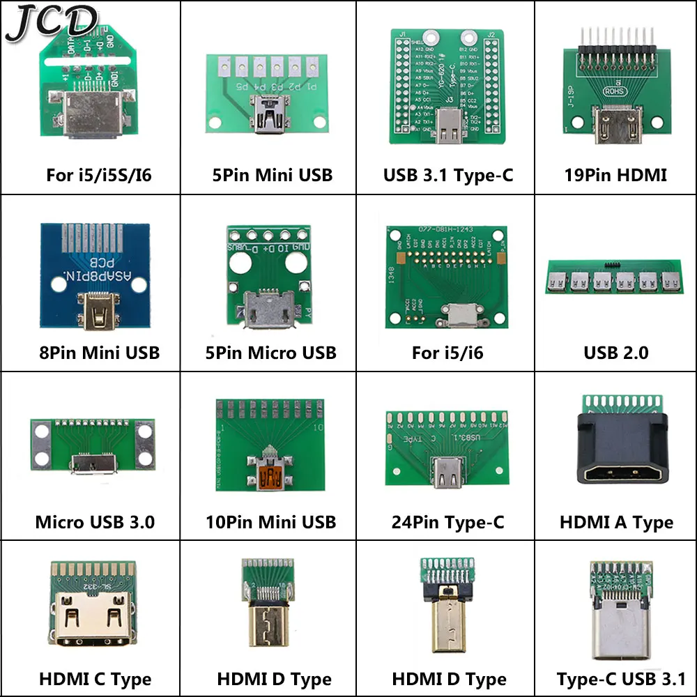 JCD USB 2.0 3.0 3.1/Type-C/HDMI-compatibl Female Connector Socket For iPhone 5 5S 6 Mini Micro USB to DIP Adapter PCB Test Board