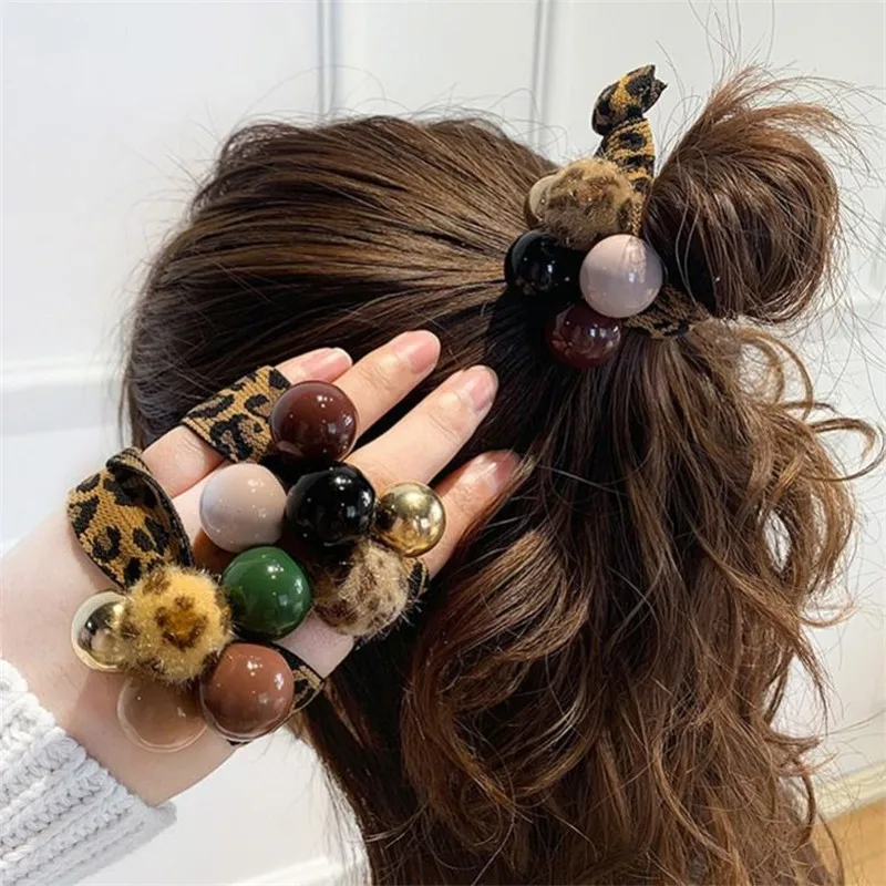 Leopard Elastic Hair Bands Ponytail Holder Scrunchies Big Pearls Beads Rubber Resin Balls Band Headband Lady Hair Accessories