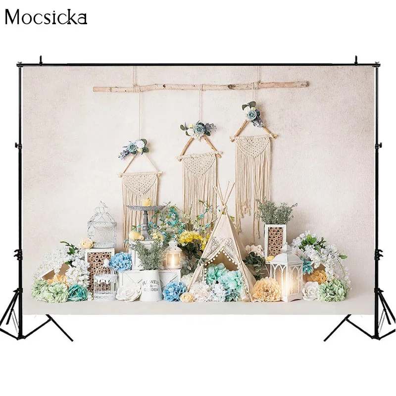 Newborn Spring Flowers Backdrop Photography Brown Wall Tassel Tent Child Portrait Birthday Cake Smash Background Photo Studio