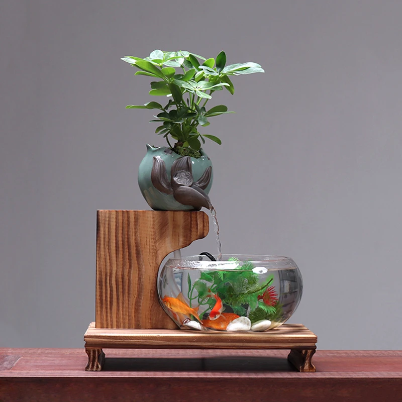 Transparent Glass Fish Tank Lucky Feng Shui Ceramic Water Fountain Indoor Desktop Fountains Ornaments Home Decor Gift