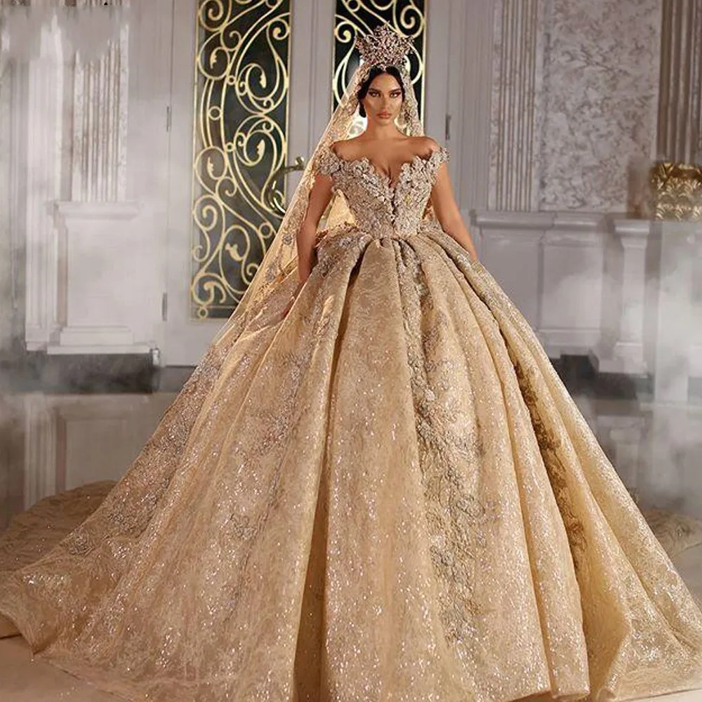 2022 Shinny Puffy Wedding Dresse Champagne Off Shoulder Luxury Beaded Saudi Arabian Dubai Bridal Gown Vestidos De Noiva