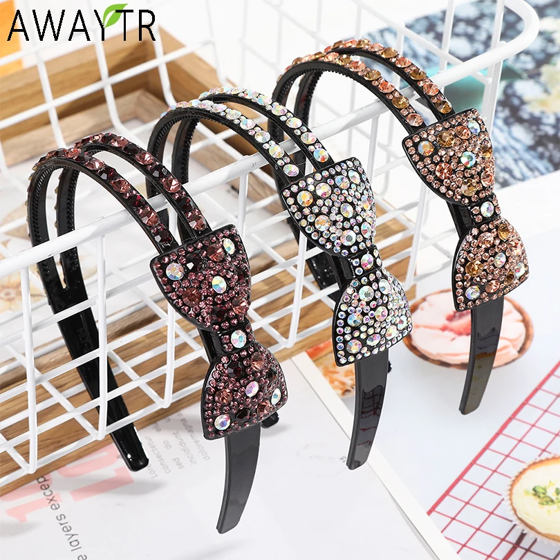 AWAYTR Double Row Bow Rhinestone Hairbands Non-slip Bezel Hair Hoop Crystal Headband for Women Hair Bands Ties Hair Accessories