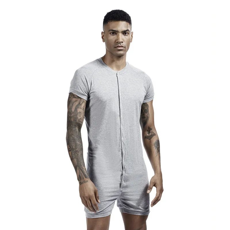 Fashion Men Pajamas Playsuit Sleepwear Jumpsuit Breathable Button Short Sleeve Slim Solid 2020 Men Romper Homewear M-2XL