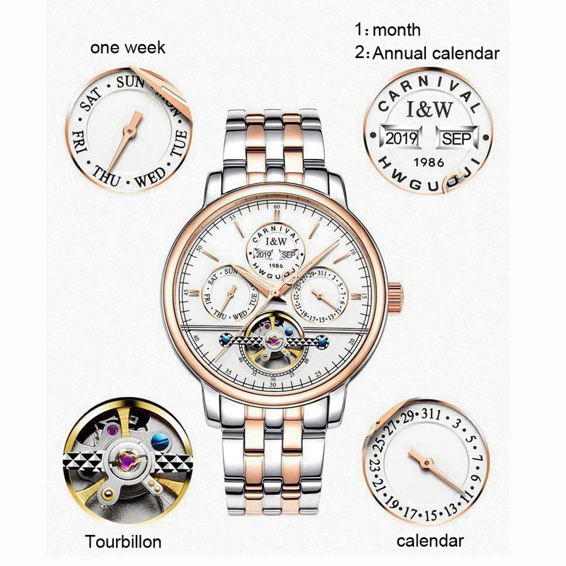 Tourbillon Watch CARNIVAL Tourbillion Movement Skeleton Men Wirstwatch Waterproof Genuine Leather Simplicity Hot Sale NEW