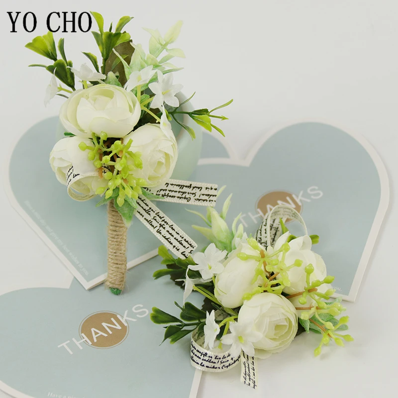 Fleurs artificielles en soie blanche pour mariée, Corsage au poignet, boutonnière pour costume de marié, pour bal de promo, mariage, broche, décor de fête