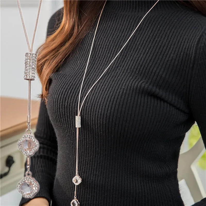 Fashion Necklaces Crystal Jewelry Clover Leaf Leaves Necklace Pendant Long Sweater Twist Chain Necklace For Women