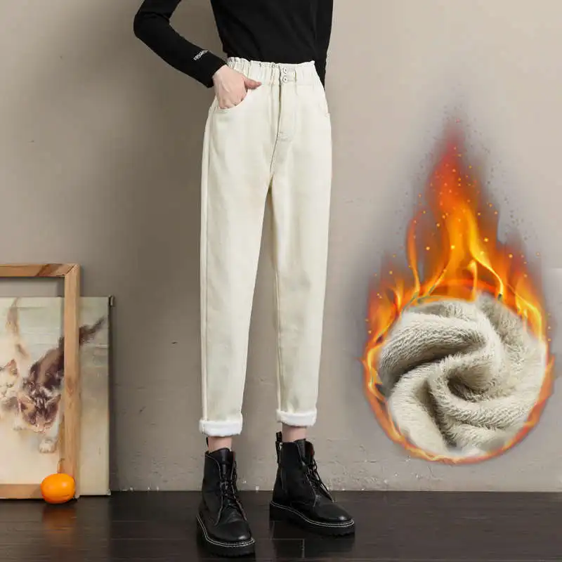 Black Jeans Women Washed High Waist Autumn Winter Pants Women Straight Fleece Trousers Warm Thick Denim Jeans Harem Pants C7562