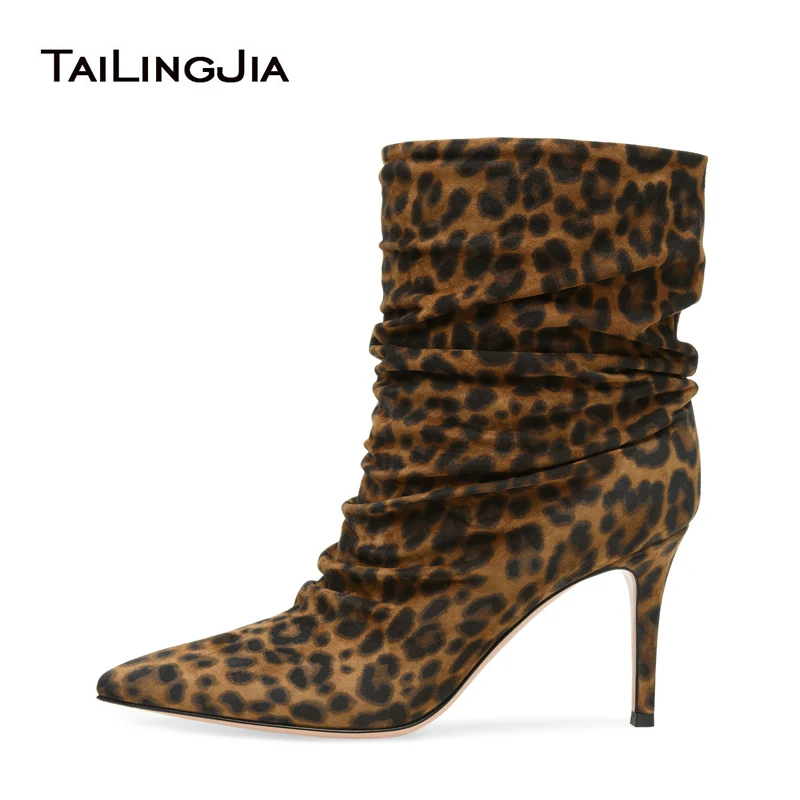 Tradesy Leopard Ankle Boots For Women 2024 High Heel Slouch Boots Ladies Pointed Toe Brown Booties Faux Suede Slip On Short Boot