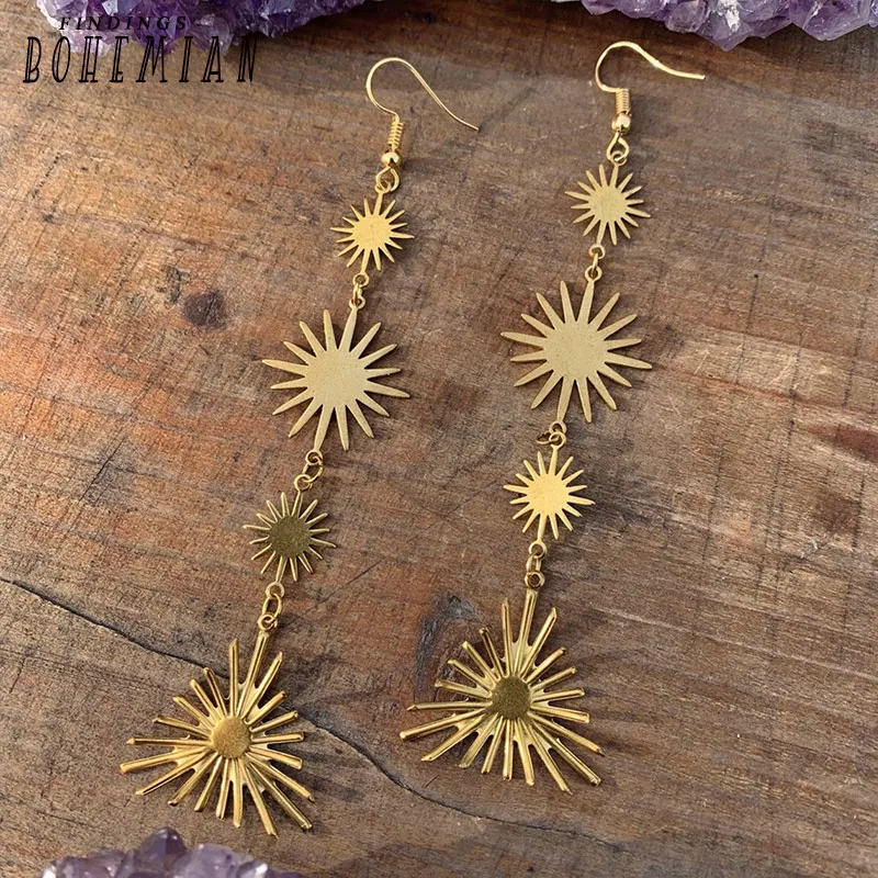 New Long Star Sunburst Golden Brass Earrings Hypoallergenic