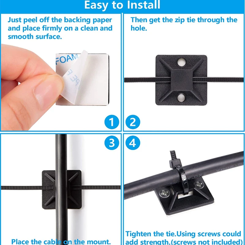 100PCS Cable Tie Bases Mount Wire Removable Self Adhesive Wall Holder Car Fixing Seat Clamps Suction Positioning Sucker