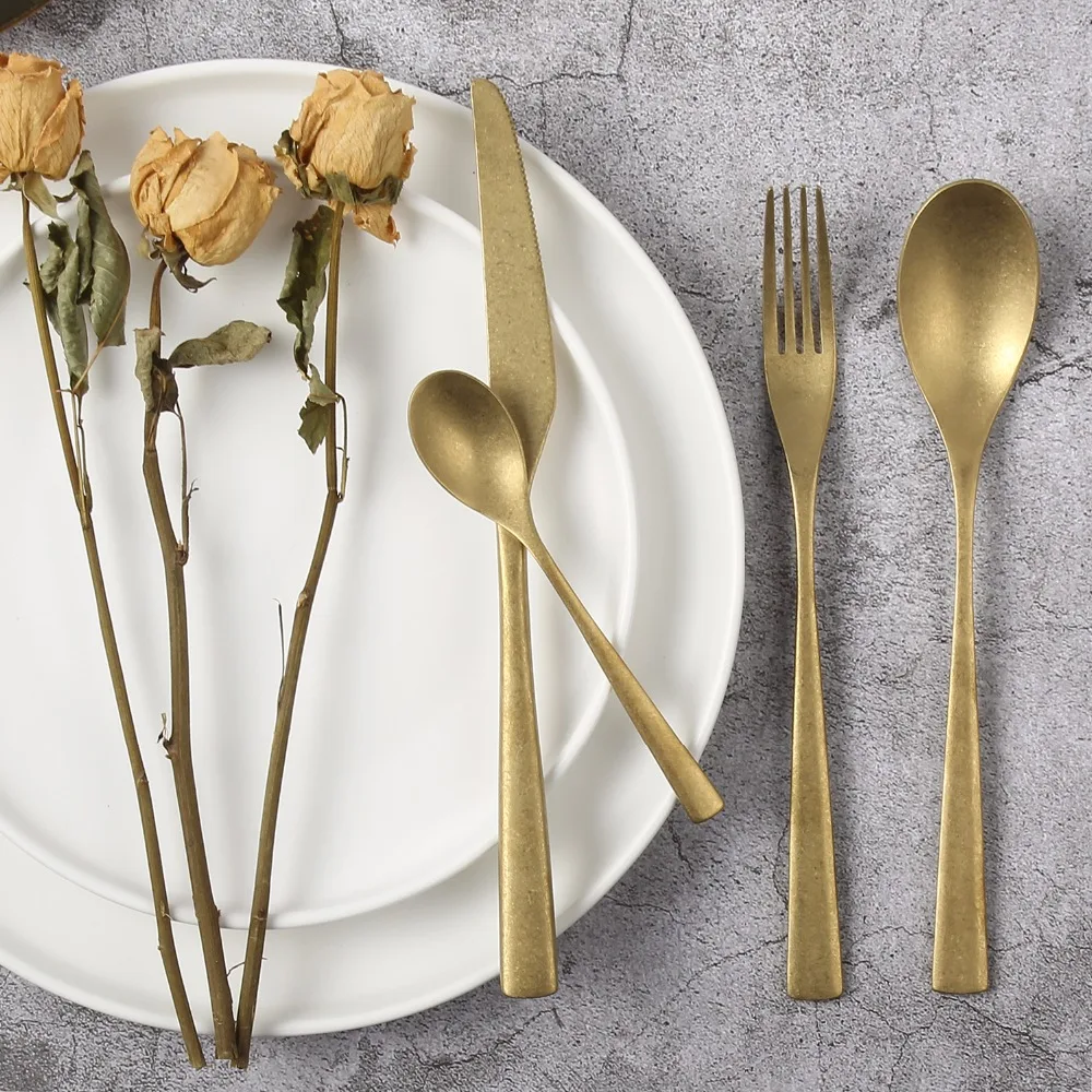 4PCS/set Retro Cutlery Dinner Sets Old Tableware 304 Stainless Steel Gold Fork Spoon Knife Set Flatware Dinnerware Restaurant