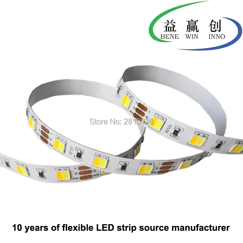 

100M/Lot DC12/24V CCT adjustable 60leds/M bi-color led strip light CRI 80+ 5050 flexible led strip 10mm 19.2W/M led light strip