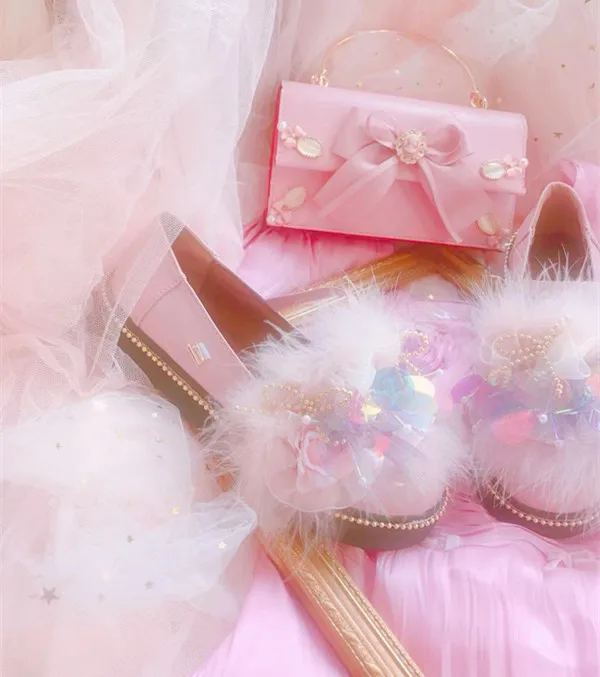 Sequins flowers feathers cute round head shoes Lolita ladies tea party loli shoes princess cos Lolita loli Victoria Kawaii