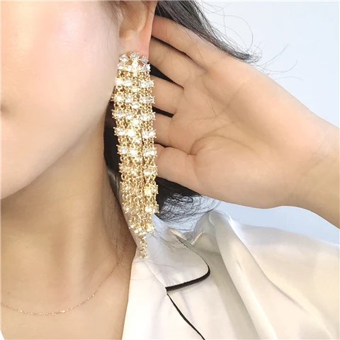 

European and American jewelry long style senior sense exaggerated flash diamond tassel minority design personality ear clip