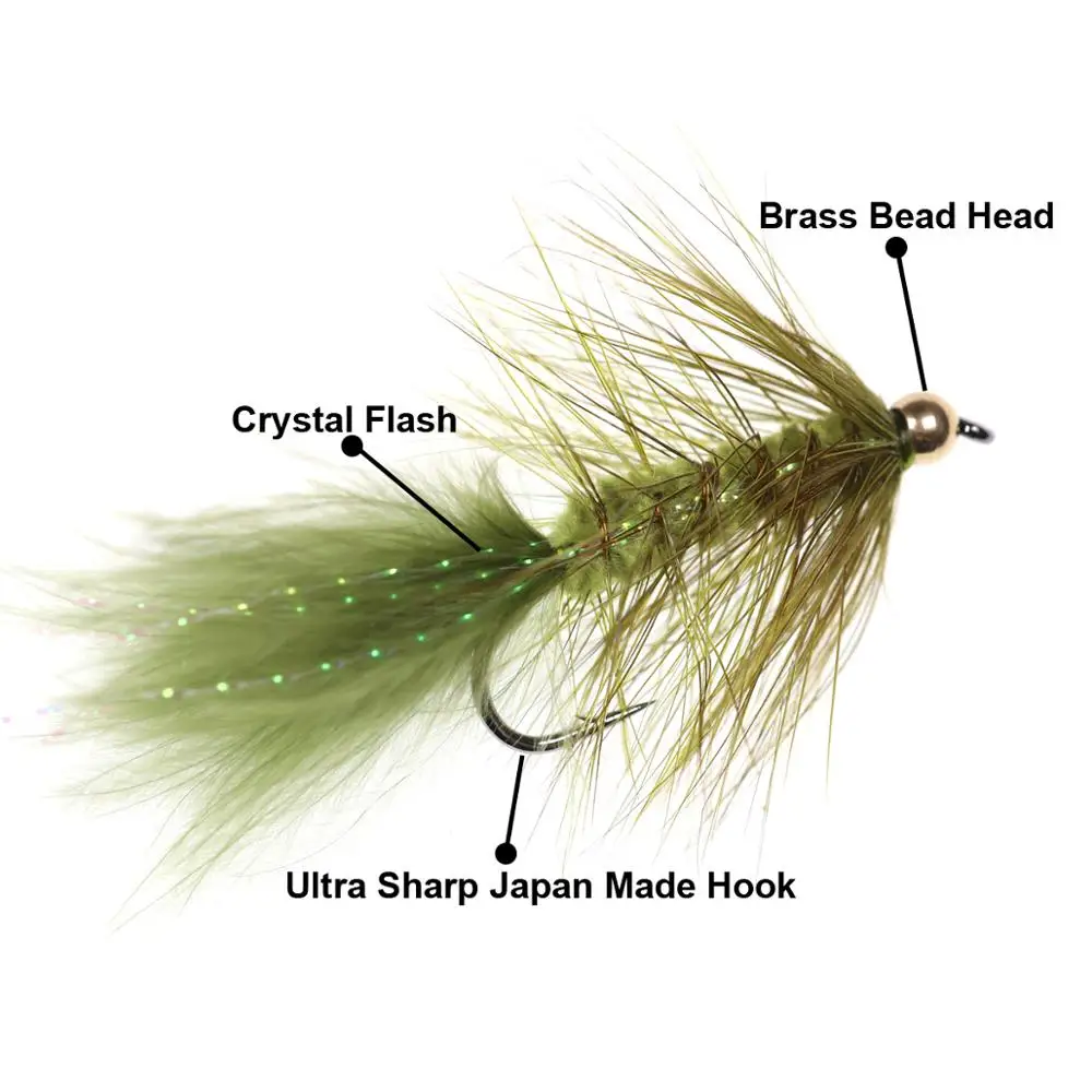 Wifreo 5pcs Crystal Bead Head Woolly Bugger Streamer Fly Olive Brown White Black Red Size 4 6 8