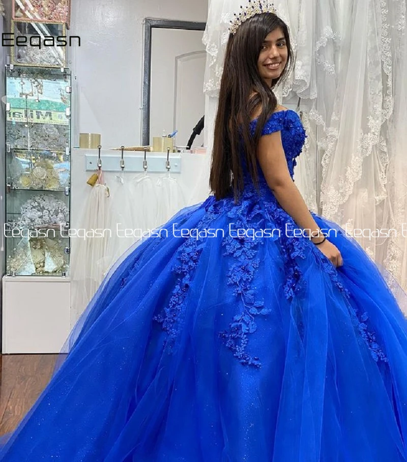 Vestido De quinceañera De princesa Azul Real, Apliques De encaje sin hombros, flores, fiesta dulce 16, 15 Años, nuevo