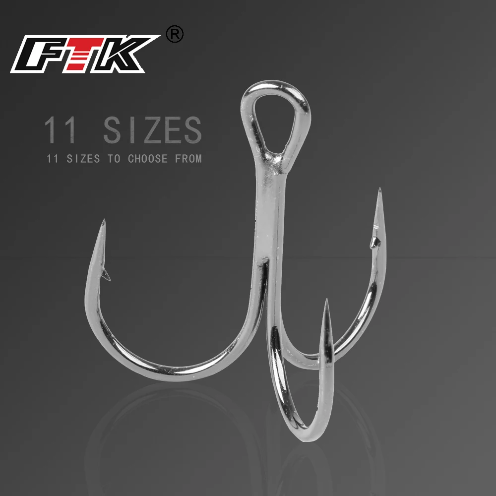 FTK Fishing Hook 10-20pcs High Carbon Treble Hooks Super Sharp solid size 3/0#-14# Triple Barbed Steel Fishing bass lure hook