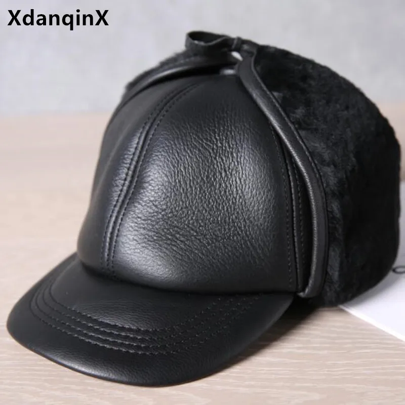 XdanqinX Winter Fur Genuine Leather Cap Men\'s Warm Bomber Hats Sheepskin Fur Earmuffs Hat Cold Proof Thermal Ski Caps Dad\'s Hat