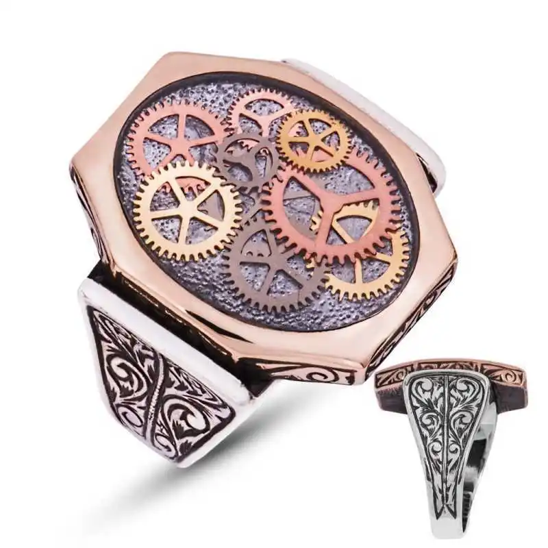 Silver Gray Clock Wheel Men's Ring - 925 Sterling Men's Jewelry Wedding Birthday Gift - Box - Men - Fashion - Botiva - Size - Turkish - Patterned Embroidery