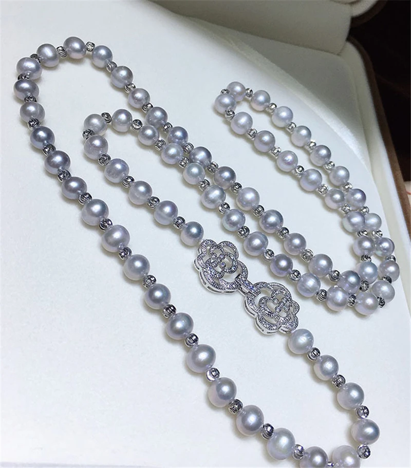 

HABITOO Luxury Natural 8-9mm Gray Freshwater Pearl Silver Bead Necklace Crystal Double Cubic Zircon Camellia Clasp Jewelry Gift