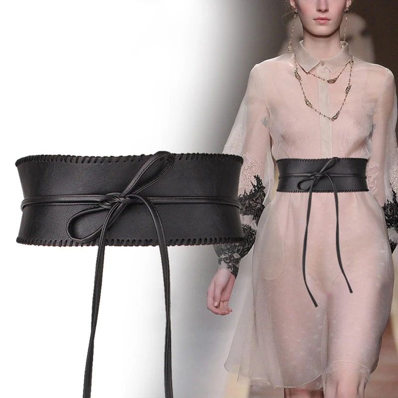 New Fashion Women's PU Leather Wasit Belt Self Tie Wrap Around Obi Waist Band Corset Cinch Belt Cummerbund Waist Strap for Dress