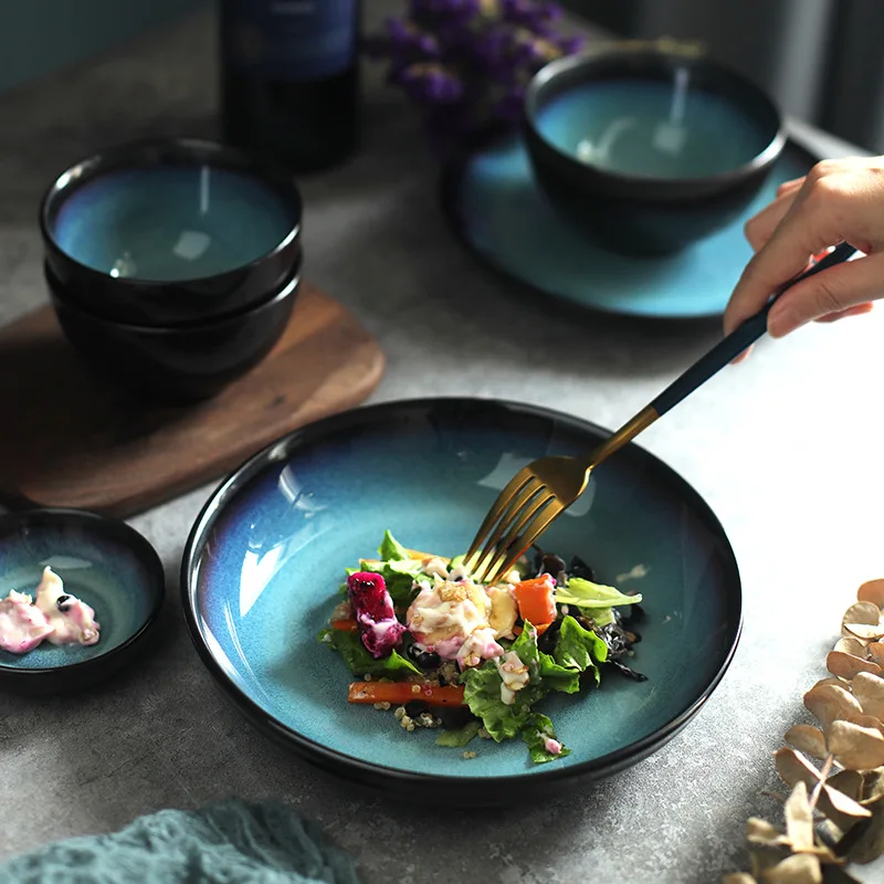 

Creative Blue Ceramic Plates and Bowls Set, Eco Friendly Porcelain Dinner Cutlery, Kitchen Dish Plate, Spoon Accessories