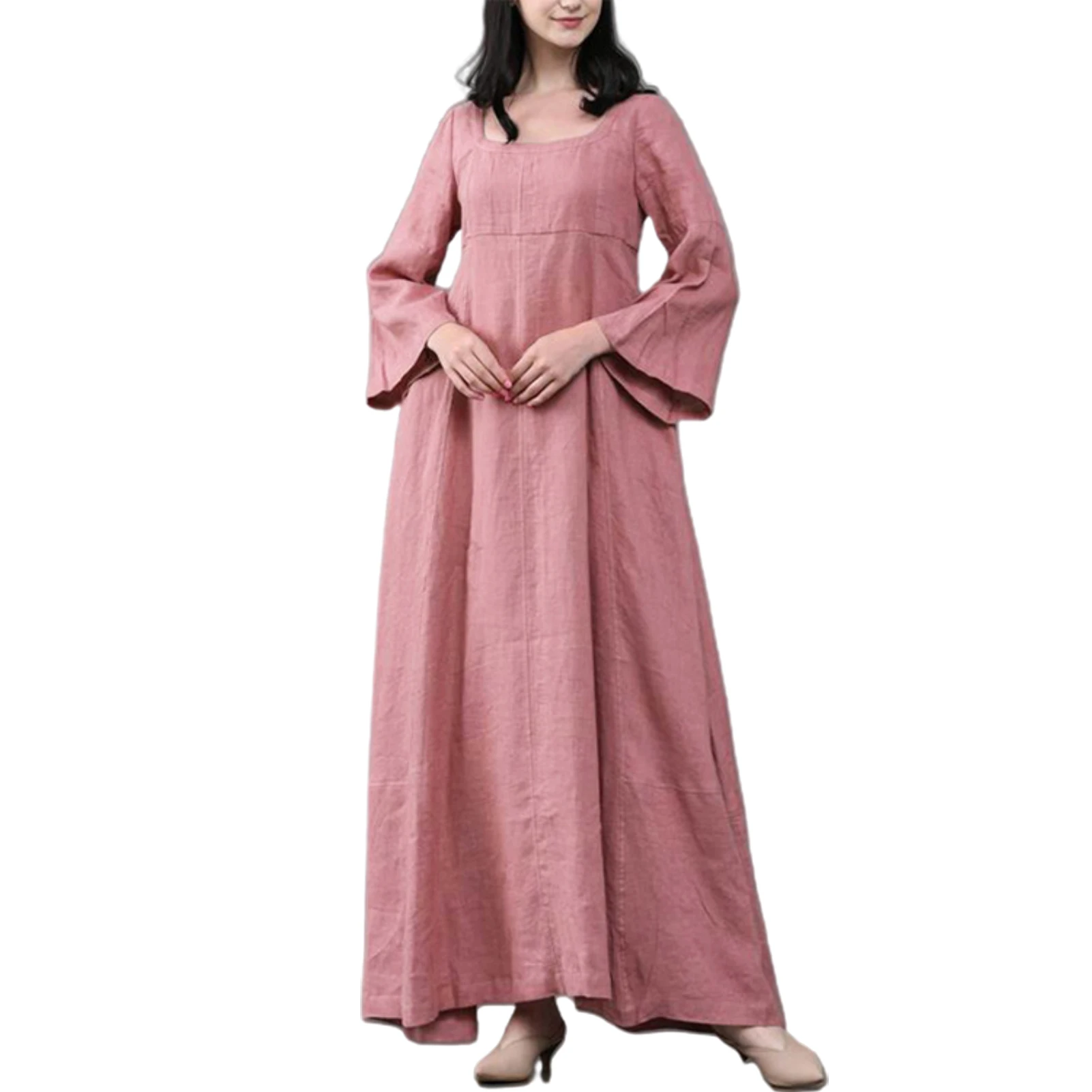 

Women Dress O Neck Long Sleeve Dress Large Hem Cotton Linen dress femme robe платья на новый год