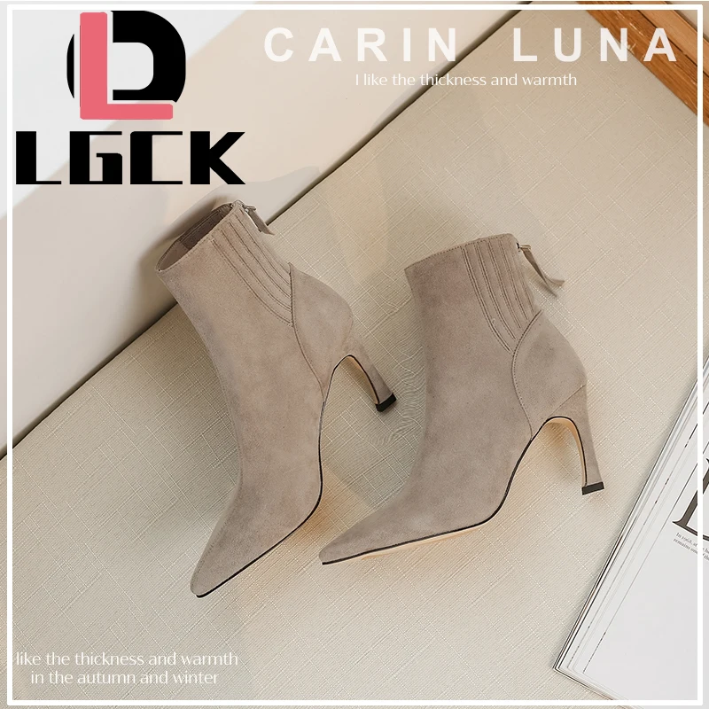 

Plus Size 34-43 Spring Autumn Stiletto Thin High Heels Pointed Toe Genuine Leather Zipper Sexy Ankle Womens Boots Bota Feminina