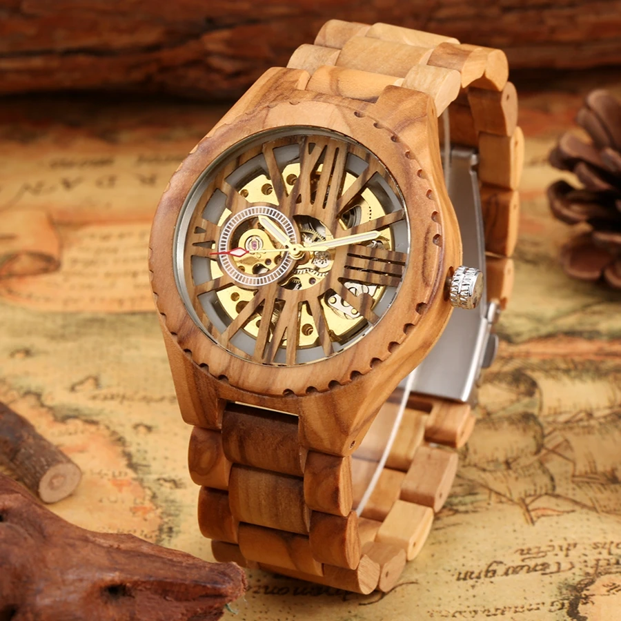 Cherry Wood Mens Watches Retro Hollow Skeleton Dial Automatic Mechanical Wood Clock Adjustable Wooden Bracelet Mens Wristwatch