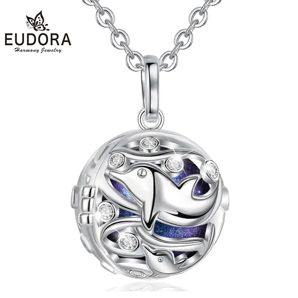 Eudora 20mm Harmony Bola Ball Blue Whale Dolphin Pendant Necklace with Crystal cage Chime Ball Jewelry For Pregnant woman K390