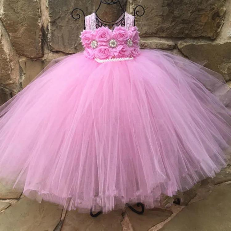 Girls Royal Blue Flowers Tutu Dress Kids Lace Straps Tulle Dress Pearl Ball Gown Children Birthday Party Banquet Costume Dresses