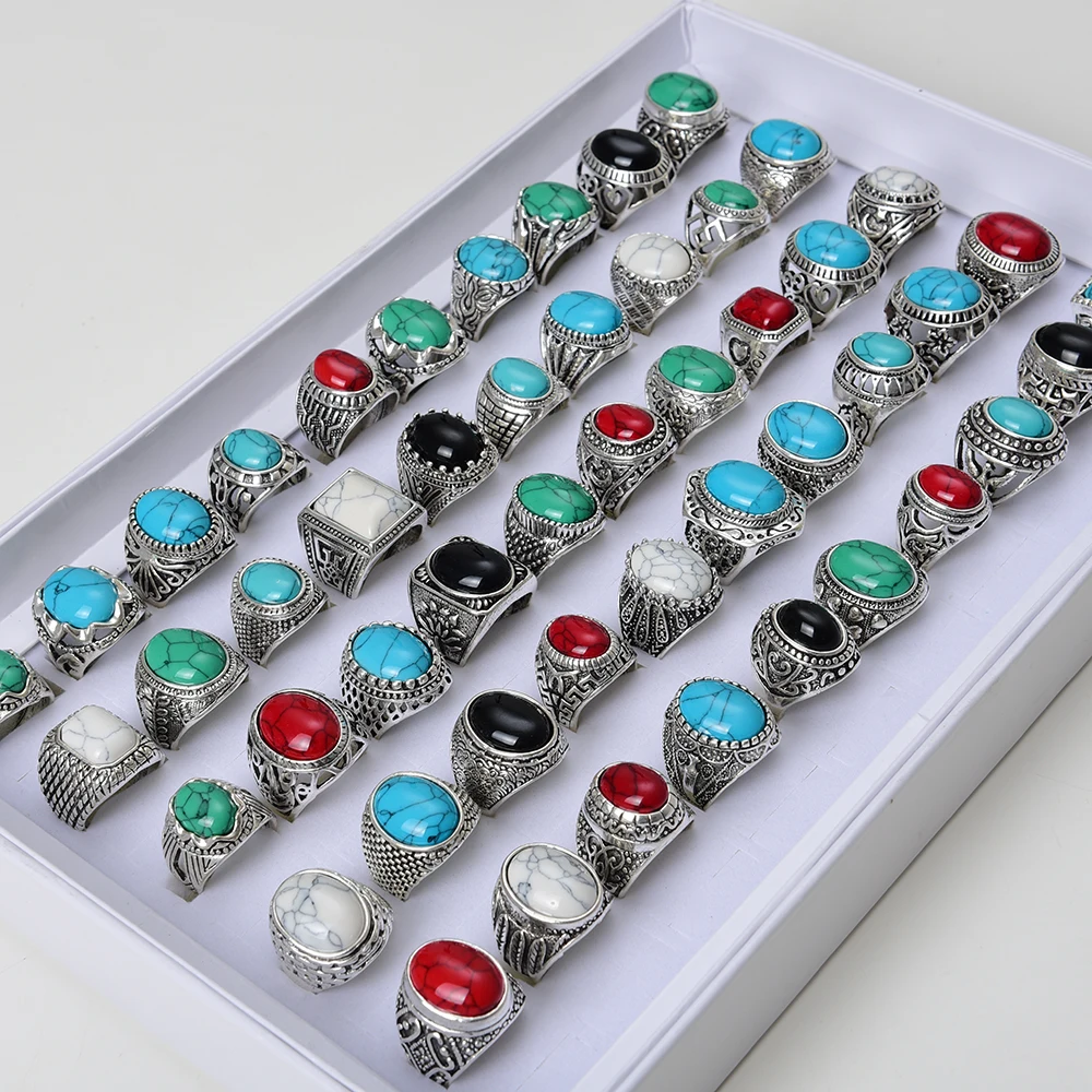 Wholesale 50pcs/Lots Vintage Antique Silver Color Turquoises Stone Jewelry Ring For Mens Women Mix Style