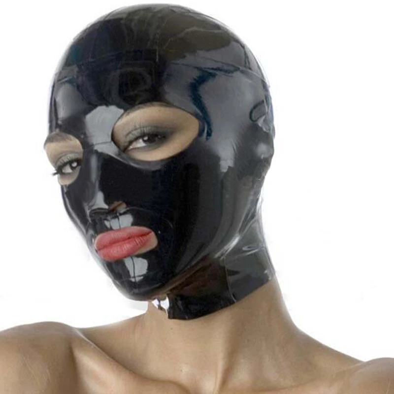 Black Sexy Women Latex Hood Female Eyes Mouth Opened Back Zip Tight Rubber Fetish Mask S-LM048