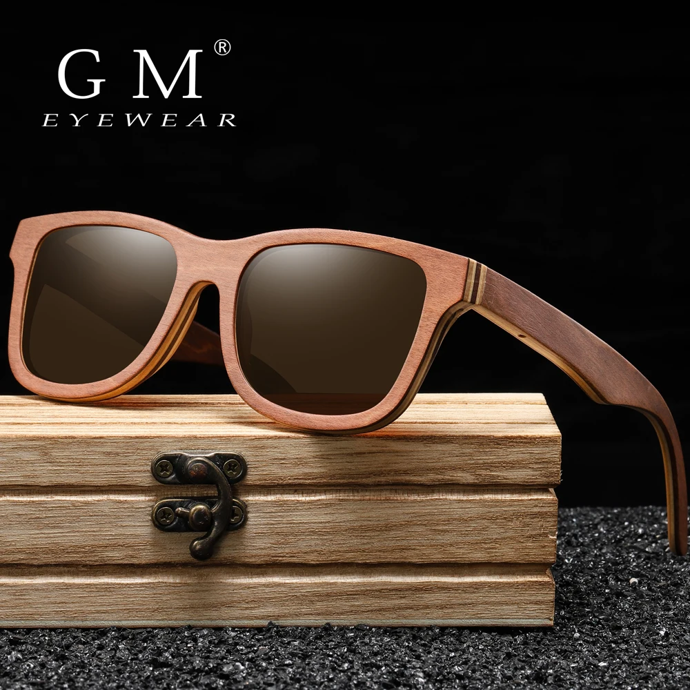 GM Brand Designer Wood Sunglasses New men Polarized Brown Skateboard Wood sunGlasses with Original Box Retro Vintage Eyewear