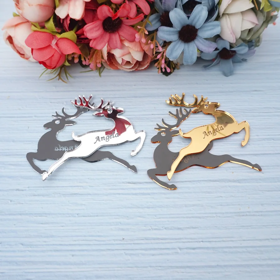 7cm Personalized Acrylic Mirror Deer Hanging Tags Custom Name Party Guest Gifts Christmas Decoration