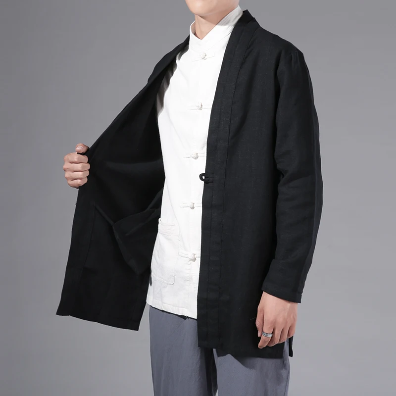 Men Kimono Cardigan  Mens Black Trench Man Open Stitch Cotton Linen Jacket Male Harajuku Outwear Mens Kongfu Coats 3XL