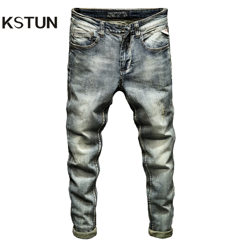 

KSTUN Slim Fit Jeans Men Stretch Denim Pants Streetwear Fashion High Quality Brand Trousers Men Punk Style Retro Blue Vintage