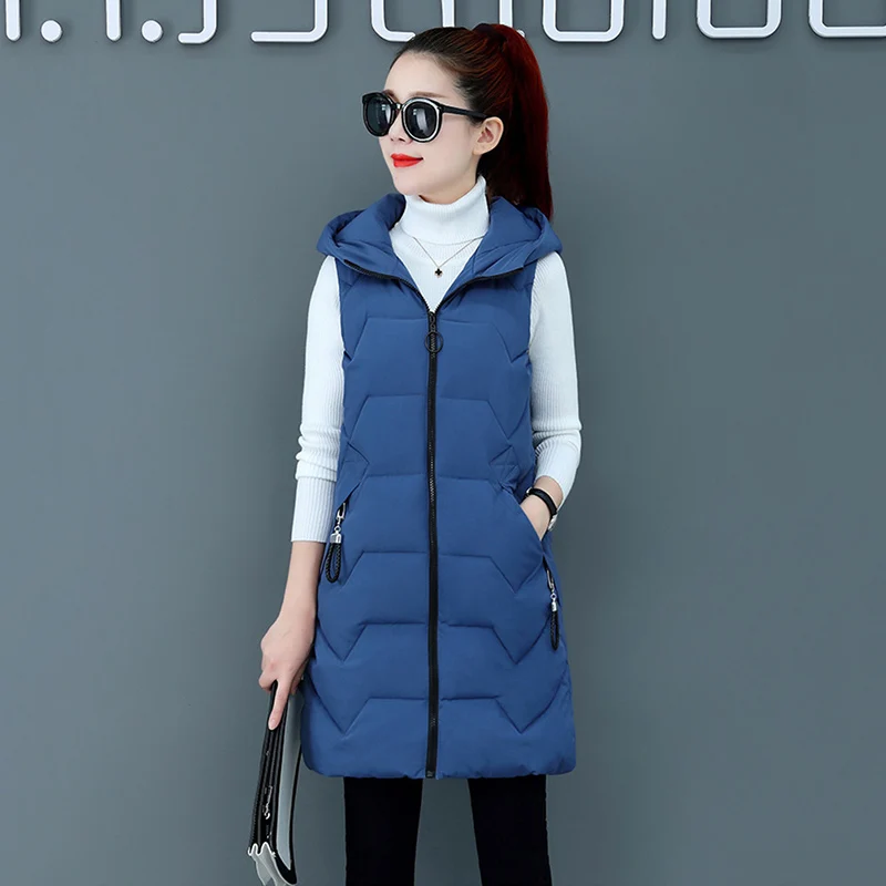 

2024 Autumn Winter New Mid Long Hooded Cotton Vest Female Slim Sleeveless Down Cotton Waistcoat Womens Vests Winter Outerwear