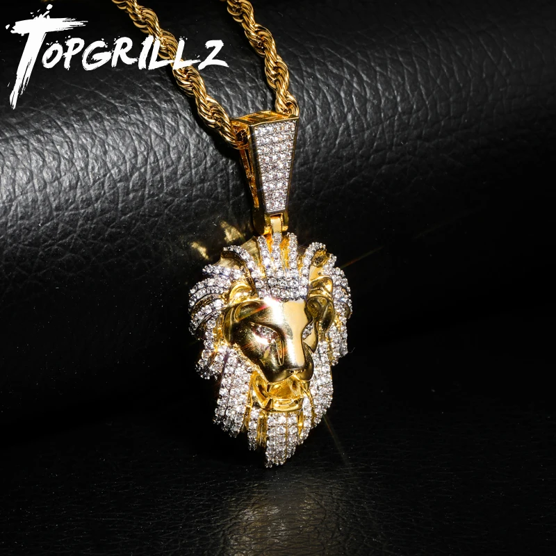 TOPGRILLZ Hip Hop  Gold Color Plated Iced Out Micro Pave Cubic Zircon Lion Head Pendant Necklace Charm For Men Jewelry Gifts