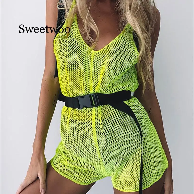 

V Neck Mesh Playsuit Women Sexy Backless See Through Body Bodysuit