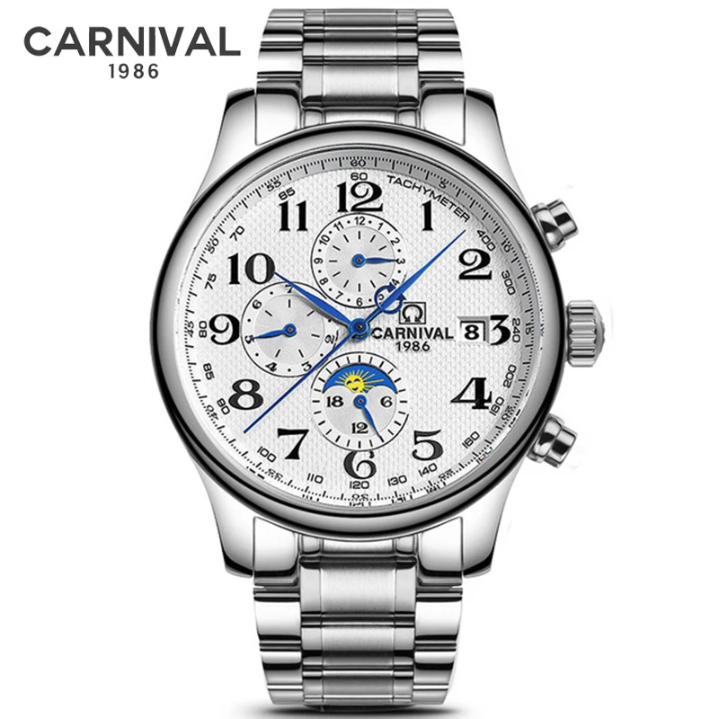 Carnival Luxury Brand Moon Phase Business Mens Mechanical Watches Waterproof Stainless Steel Automatic Wristwatch Men Clock