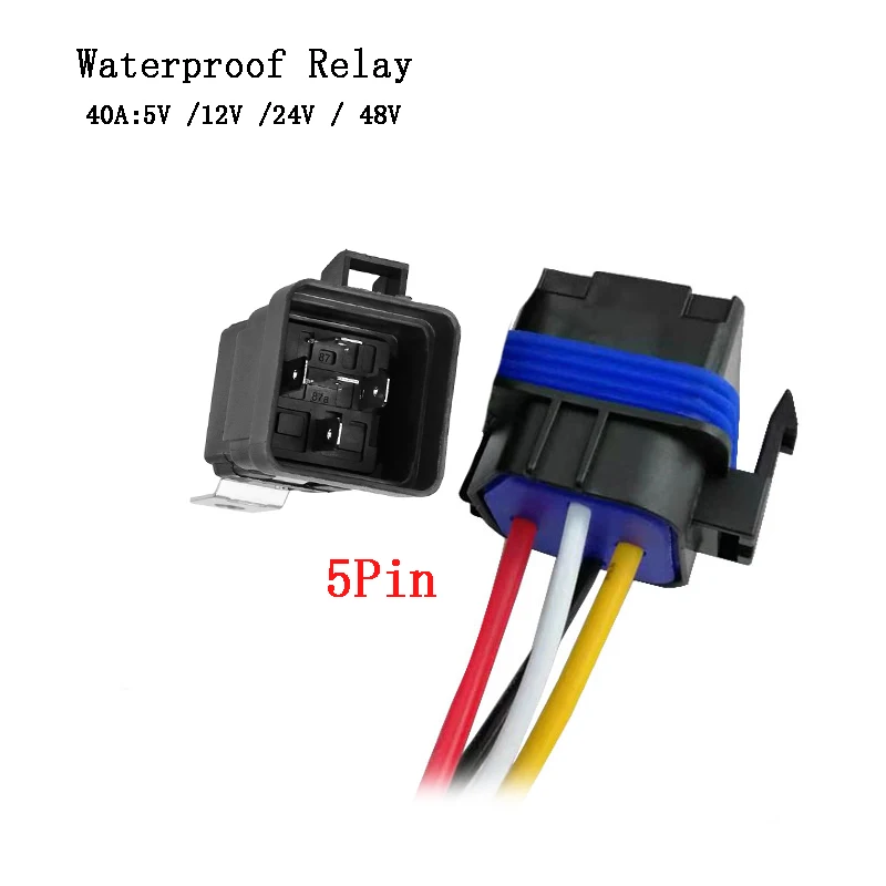 Waterproof Automotive Relay DC 5V/12V/24V/48V Car Relay With Black Red Copper Terminal Auto Relays 5pin 40A With Relay Socket