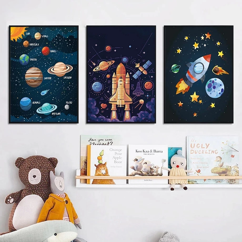 Cartoon Space Planet Rocket Astronaut Star Nursery Wall Art Canvas Painting Poster and Prints Wall Pictures Baby Kids Room Decor