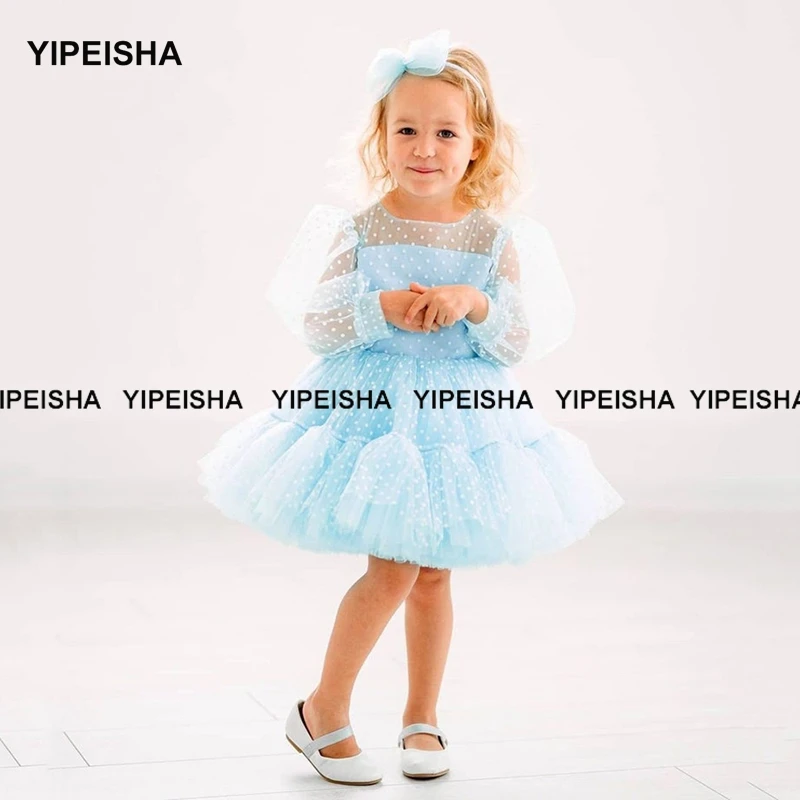 Yipeisha Long Sleeve Baby Girl Dress Dot Tulle Cupcake Dresses For Toddlers Party Communion Dress Short Flower Girl Dresses Kids