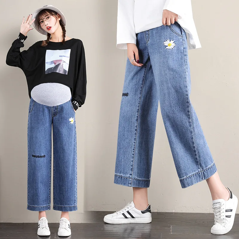 Washed Denim Loose Maternity Jeans Autumn New Fashion Pants for Pregnant Women Adjustable Belly Pregnancy Trousers