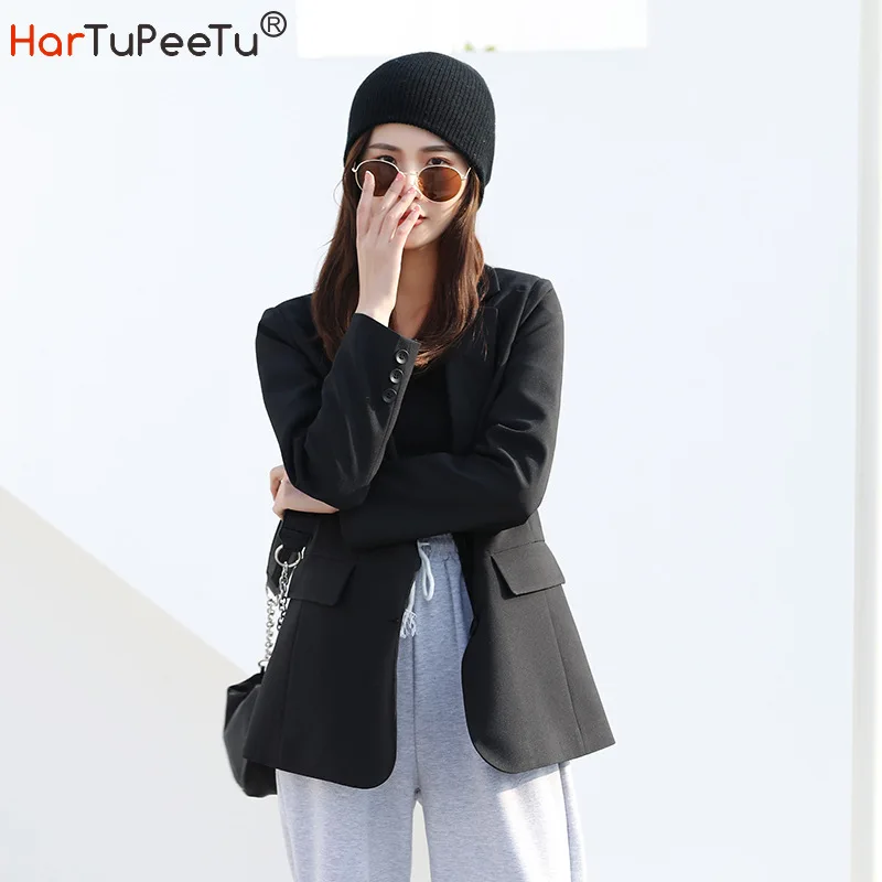 

BF Black Blazer Jacket Women Spring Autumn Korean Style Loose Casual Long Business Suit Coat S~2XL Size Office Lady Tops